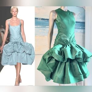 ♧$5,700 OSCAR DE LA RENTA ICONIC SILK GREEN BUBBLE HEM RUNWAY DRESS US 8 M